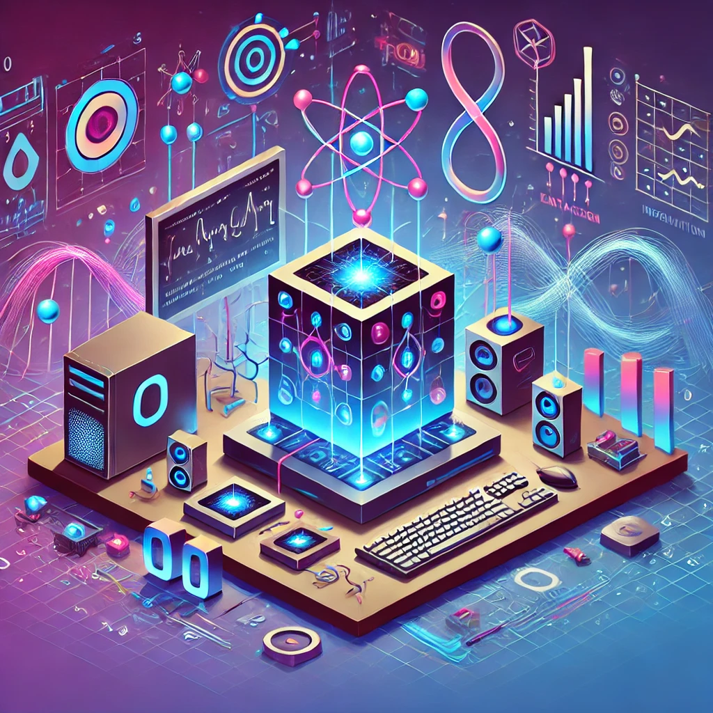 A stylish and approachable illustration of a quantum computer setup, showing quantum circuits, Qubits, and entangled states. The scene is colorful with a blend of futuristic and modern aesthetics, emphasizing cool neon blues and purples. The background includes symbolic elements of technology, data flow, and innovation. The overall mood is sophisticated but friendly, ideal for engaging readers in a blog article about quantum computing.